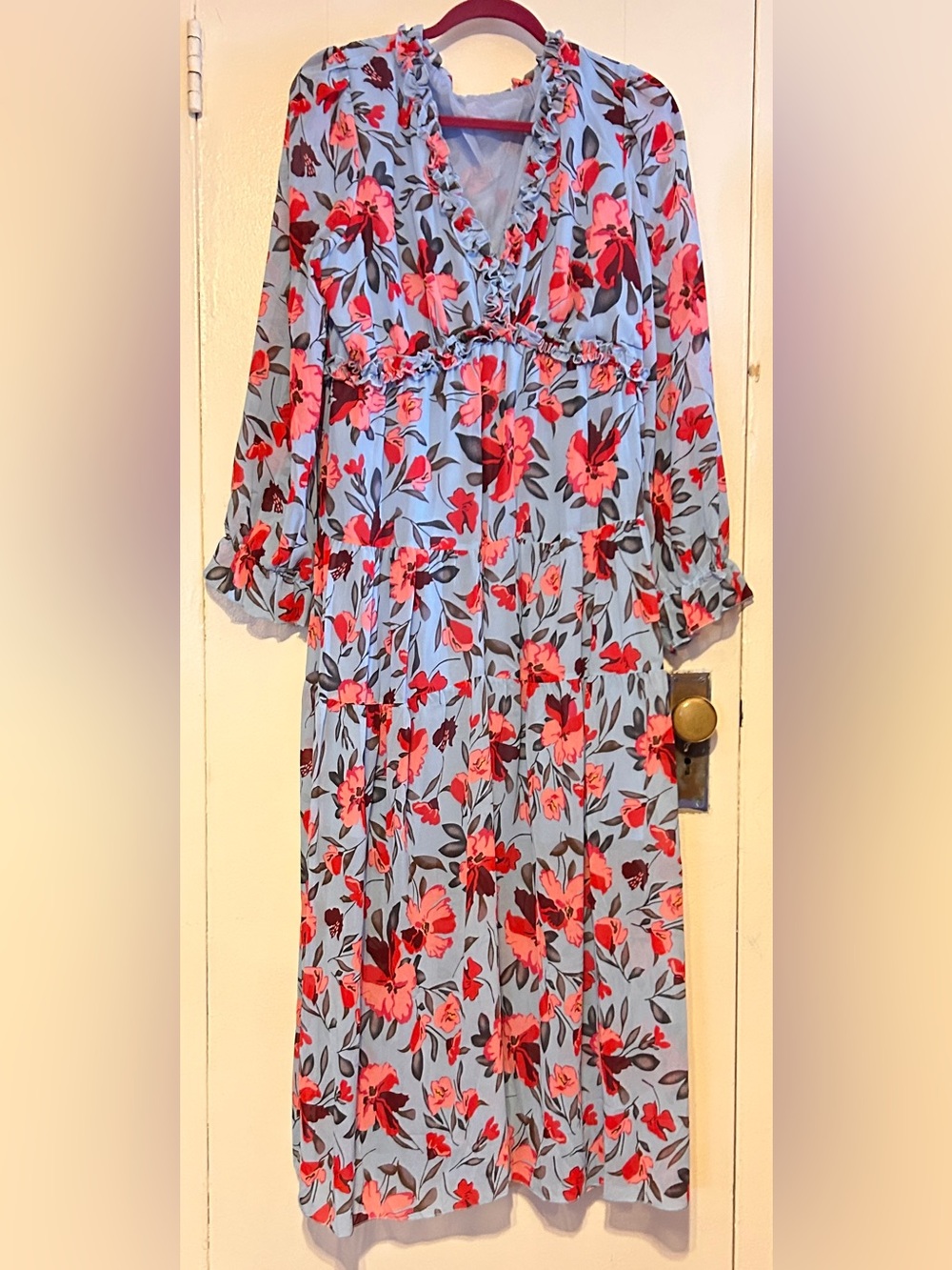 Floral Ruffle V-Neck Maxi Dress in Light Blue and Pink